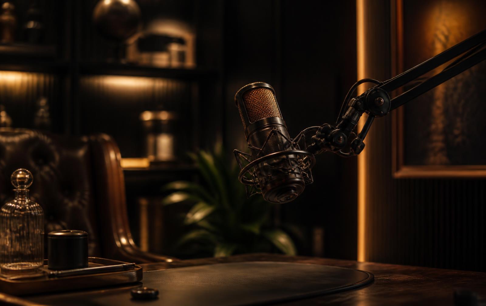Podcast microphone in a warmly lit studio